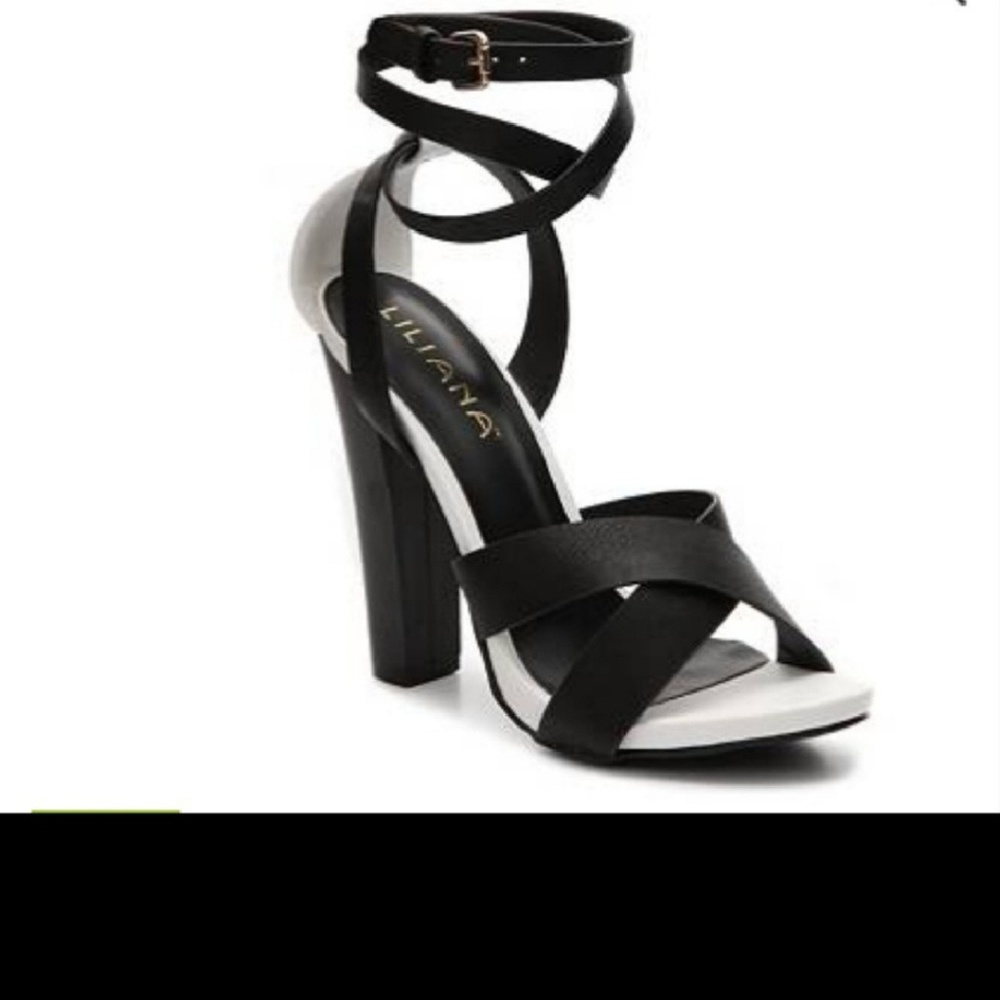 Black and white block heeled shoes